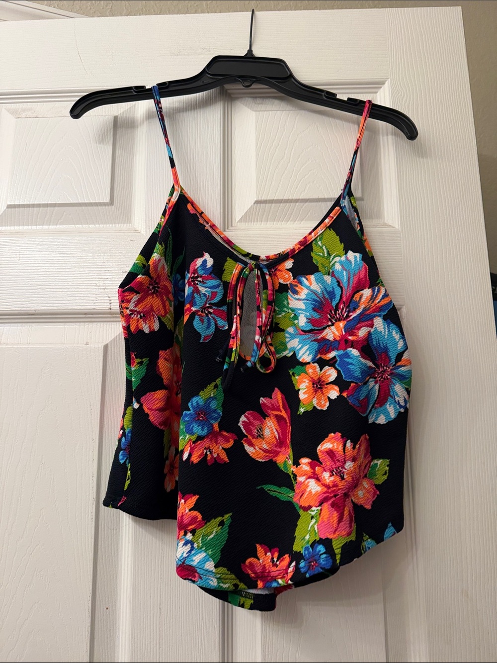 Floral Spaghetti-Strap Cami in Black with Multicolor Blooms